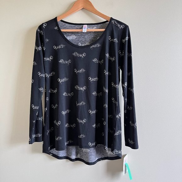 NEW LuLaRoe Lynnae Motorcycle Print High Low Top Scoop Neck Black‎ Womens Size S - Picture 1 of 5